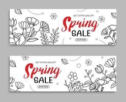 primavera vendita bandiera con foglia e fiore mano disegnato su bianca sfondo. manifesto vendita su per 50 spento. vettore
