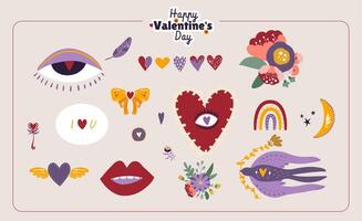 impostato di mano disegnato vettore illustrazione San Valentino giorno manifesti e carte, adesivi. San Valentino giorno saluto carte design nel moderno retrò Vintage ▾ Groovy