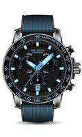 realistico nero acciaio orologio cronografo blu numero viso tessuto cinghia su bianca sfondo design moderno lusso per uomini moda vettore