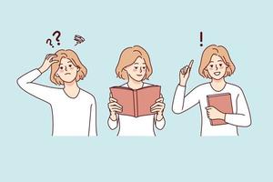 confuso donna avere domanda testa, leggere libro e ottenere Rispondere. inteligente ragazza guardare per soluzione nel libro. conoscenza e formazione scolastica. vettore illustrazione.