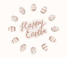 vettore cartone animato festivo Pasqua illustrazione. telaio fatto di dipinto uova nel il forma di un' cerchio e il iscrizione contento Pasqua. regalo carta o cartolina nel caldo beige colori.