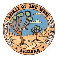 Giosuè albero nazionale parco grafico il giro etichetta design. Arizona - spirito di il ovest - Giosuè albero - Vintage ▾ font testo. vettore opera d'arte. deserto vibrazioni illustrazione.