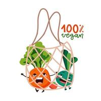 eco netto shopping Borsa con vegano prodotti. radice verdura caratteri con divertente cartone animato facce. concetto per zero sciupare, 100 per cento vegano. cibo a partire dal Locale mercato o drogheria. vettore piatto illustrazione.