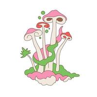 psilocibina allucinogeno Magia funghi grappolo. mano disegnato Groovy design elemento per tee Stampa. incisione colorato stile. vettore retrò 70s Groovy illustrazione