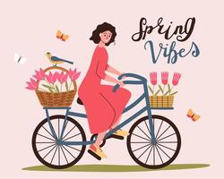 primavera bicicletta viaggio. un' donna cavalcate un' bicicletta con fiori. vettore
