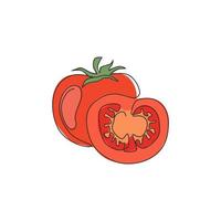 un disegno a tratteggio continuo affetta pomodori biologici sani per l'identità del logo agricolo. concetto di verdura tropicale fresca per l'icona del giardino vegir. illustrazione vettoriale di disegno grafico di disegno grafico a linea singola moderna