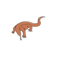 un unico disegno a tratteggio del forte drago di Komodo per l'identità del logo aziendale. concetto di mascotte animale predatore pericoloso per zoo rettile. grafica vettoriale moderna dell'illustrazione di disegno di disegno di linea continua