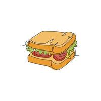 un disegno a linea singola dell'illustrazione grafica vettoriale del logo sandwich fresco. menu del caffè degli alimenti a rapida preparazione dell'hot dog e concetto del distintivo del ristorante. logotipo di cibo di strada di design moderno a linea continua