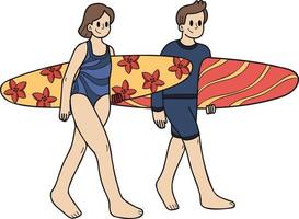 mano disegnato turista coppie con tavole da surf illustrazione nel scarabocchio stile vettore