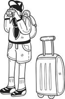 mano disegnato maschio turista assunzione immagini con valigie illustrazione nel scarabocchio stile vettore