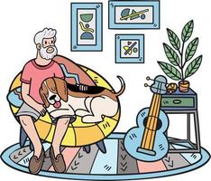mano disegnato anziano uomo seduta con beagle cane illustrazione nel scarabocchio stile vettore