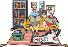 mano disegnato anziano lettura libri con cani e gatti illustrazione nel scarabocchio stile vettore