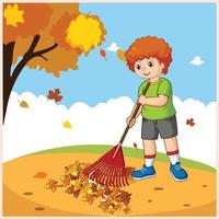carino bambini pulizia le foglie nel il autunno vettore illustrazione