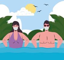 coppia in costume da bagno, indossando maschere per il viso in spiaggia vettore