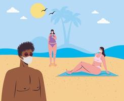 persone in costume da bagno, allontanamento sociale e maschere per il viso in spiaggia vettore