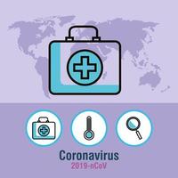 banner pandemia di coronavirus con kit di pronto soccorso e icone vettore