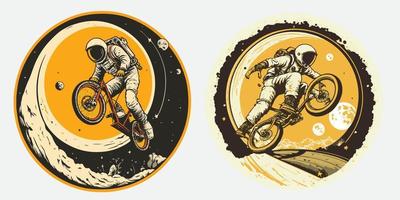 Vintage ▾ stile illustrazione di astronauta su un' bmx pianura vettore