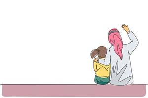 singolo disegno a tratteggio giovane padre arabo e sua figlia seduti e parlare insieme illustrazione vettoriale. felice concetto di genitorialità familiare musulmana islamica. disegno grafico moderno a linea continua vettore