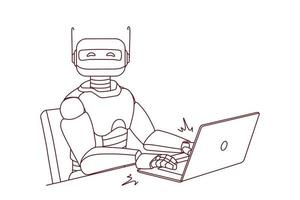 robot Lavorando su computer nel ufficio. moderno umanoide digitando su il computer portatile. artificiale intelligenza concetto. robotica assistente a posto di lavoro. vettore illustrazione.