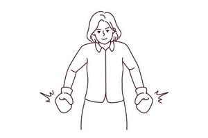 forte donna d'affari nel boxe guanti mostrare comando e potenza. potente femmina dipendente o lavoratore dimostrare forza. vettore illustrazione.