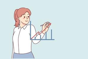 donna d'affari disegno grafico con freccia andando su. sorridente femmina dipendente con grafico mostrando salire nel commercio e finanza. attività commerciale successo. vettore illustrazione.