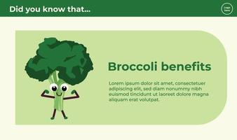 broccoli verdura portafortuna personaggio con benefici descrittivo testo isolato bandiera o manifesto design con semplice piatto disposizione modello vettore