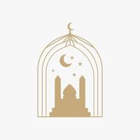 Ramadan eid mubarak inviare arte con boho arco. moderno islamico modello. carta con arabo moschea torri e Luna. religioso vacanza. notte paesaggio vettore