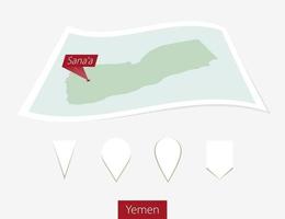 curvo carta carta geografica di yemen con capitale sana'a su grigio sfondo. quattro diverso carta geografica perno impostare. vettore