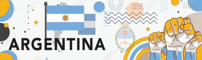 bandiera argentina nazionale giorno con carta geografica, bandiera colori tema sfondo e geometrico astratto retrò moderno blu bianca giallo design. argentino le persone. gli sport Giochi sostenitori vettore illustrazione.