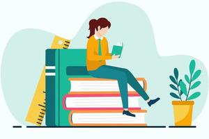 donna seduta su un' mucchio di libri e lettura un' libro. piatto vettore illustrazione.