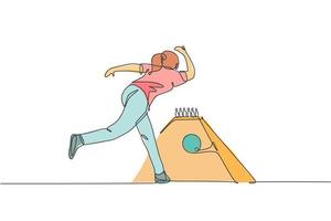 una singola linea di disegno giovane talentuoso giocatore di bowling donna lanciare la palla per colpire i birilli illustrazione vettoriale grafica. stile di vita delle persone sane e concetto di sport. moderno disegno a linea continua