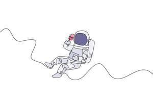 un singolo disegno a tratteggio astronauta volare rilassarsi nella galassia cosmo mentre si mangia dolce ghiacciolo gelato grafica vettoriale illustrazione. concetto di vita dello spazio cosmico di fantasia. design moderno a linea continua