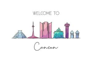 un disegno a linea continua dello skyline della città di cancun, in messico. bella cartolina del punto di riferimento. turismo paesaggistico mondiale e vacanze di viaggio. illustrazione vettoriale di disegno a linea singola con tratto elegante modificabile