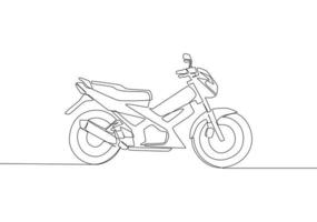 uno singolo linea disegno di asiatico underbone motocicletta logo. urbano cavalcata motociclo concetto. continuo linea disegnare design vettore illustrazione