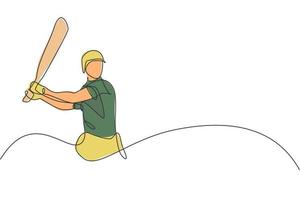 un disegno a linea singola della posizione del giovane giocatore di cricket energico allo stadio per colpire l'illustrazione vettoriale della palla. concetto di sport. moderno disegno a linea continua per banner da competizione di cricket
