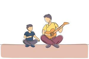 un disegno a tratteggio continuo di un giovane papà che suona la chitarra e canta felice insieme a suo figlio a casa. concetto di genitorialità familiare felice. illustrazione grafica vettoriale di disegno dinamico a linea singola
