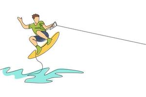 un disegno a linea singola di un giovane sportivo che gioca a wakeboard nell'illustrazione vettoriale della spiaggia del mare. stile di vita sano e concetto di sport estremo. vacanze estive. moderno disegno a linea continua