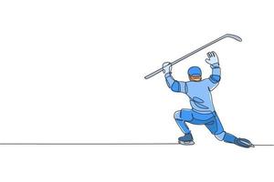 il disegno a linea continua singola di un giovane portiere professionista di hockey su ghiaccio blocca il tiro del disco e la difesa sull'arena della pista di pattinaggio. concetto di sport invernale estremo. illustrazione vettoriale di disegno di una linea alla moda