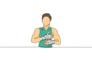 un unico disegno a linea continua di un giovane kickboxer sportivo avvolgere una fasciatura per preparare un combattimento nella palestra. combattere il concetto di sport da competizione. illustrazione vettoriale di disegno di una linea alla moda