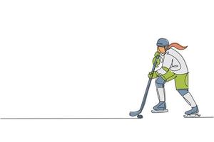 un disegno a linea singola di un giovane giocatore di hockey su ghiaccio in azione per giocare a un gioco competitivo sull'illustrazione grafica vettoriale dello stadio della pista di pattinaggio. concetto di torneo sportivo. moderno disegno a linea continua