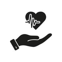 cuore battere Vota frequenza simbolo. emergenza Aiuto e diagnosi. battito cardiaco con umano mano glifo icona. cardiogramma icona. cardiaco trattamento silhouette pittogramma. isolato vettore illustrazione.