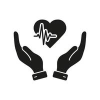 emergenza Aiuto e diagnosi. battito cardiaco con umano mano glifo icona. cuore battere Vota frequenza simbolo. cardiogramma icona. cardiaco trattamento silhouette pittogramma. isolato vettore illustrazione.