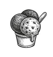 tre scoop di cioccolato ghiaccio crema con biscotti. inchiostro schizzo isolato su bianca sfondo. mano disegnato vettore illustrazione. retrò stile.