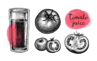 pomodori e bicchiere di succo. inchiostro schizzo isolato su bianca sfondo. mano disegnato vettore illustrazione. Vintage ▾ stile ictus disegno.