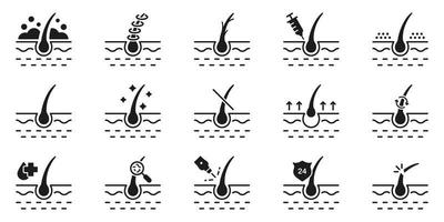 salutare dermatologia bellezza terapia per epidermide glifo pittogramma. capelli perdita, crescita, trapianto, rimozione, cura silhouette nero icona impostare. capelli follicolo trattamento icona. isolato vettore illustrazione.