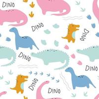 seamless con dinosauro carino e parola dino disegnata a mano vettore