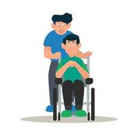 persone disabili e amici che aiutano a spingere la sedia a rotelle. giornata mondiale della disabilità. disabili anziani pazienti invalidi seduto in sedia a rotelle illustrazione vettoriale colorato. personaggi dei cartoni animati piatti.
