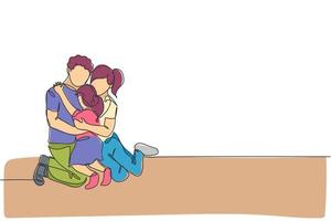 un disegno a tratteggio continuo di giovani mamma e papà felici che abbracciano la loro figlia pieni di calore. concetto di famiglia genitorialità amorevole felice. grafica dinamica dell'illustrazione di vettore di disegno di disegno di linea singola