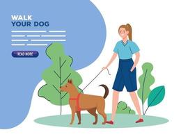 donna che cammina con il cane nel modello della bandiera del parco vettore