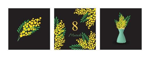 un' impostato di carte con un' mimosa. per Congratulazioni su mondo Da donna giorno, primavera carte. carino moderno design. vettore illustrazione